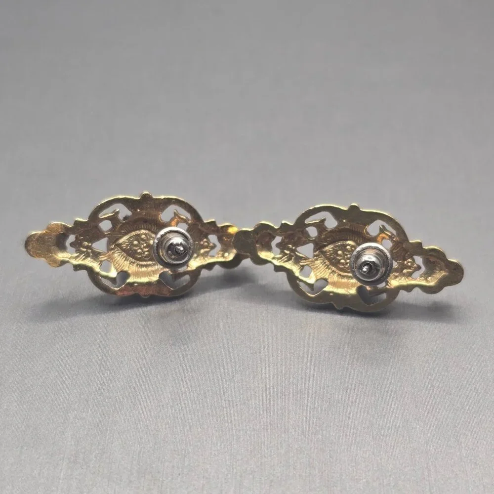 VTG Stone Like Rose & Faux Pearl Earrings Gold Tone 1.25" Victorian Revival - Picture 4 of 5